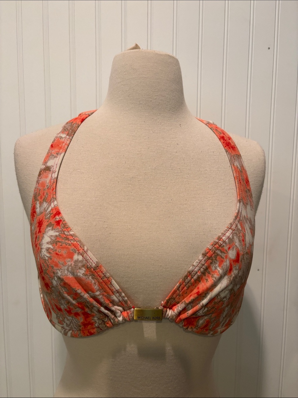 Michael Kors Coral & White Floral Design Halter Swim Top with Gold Logo Sz S